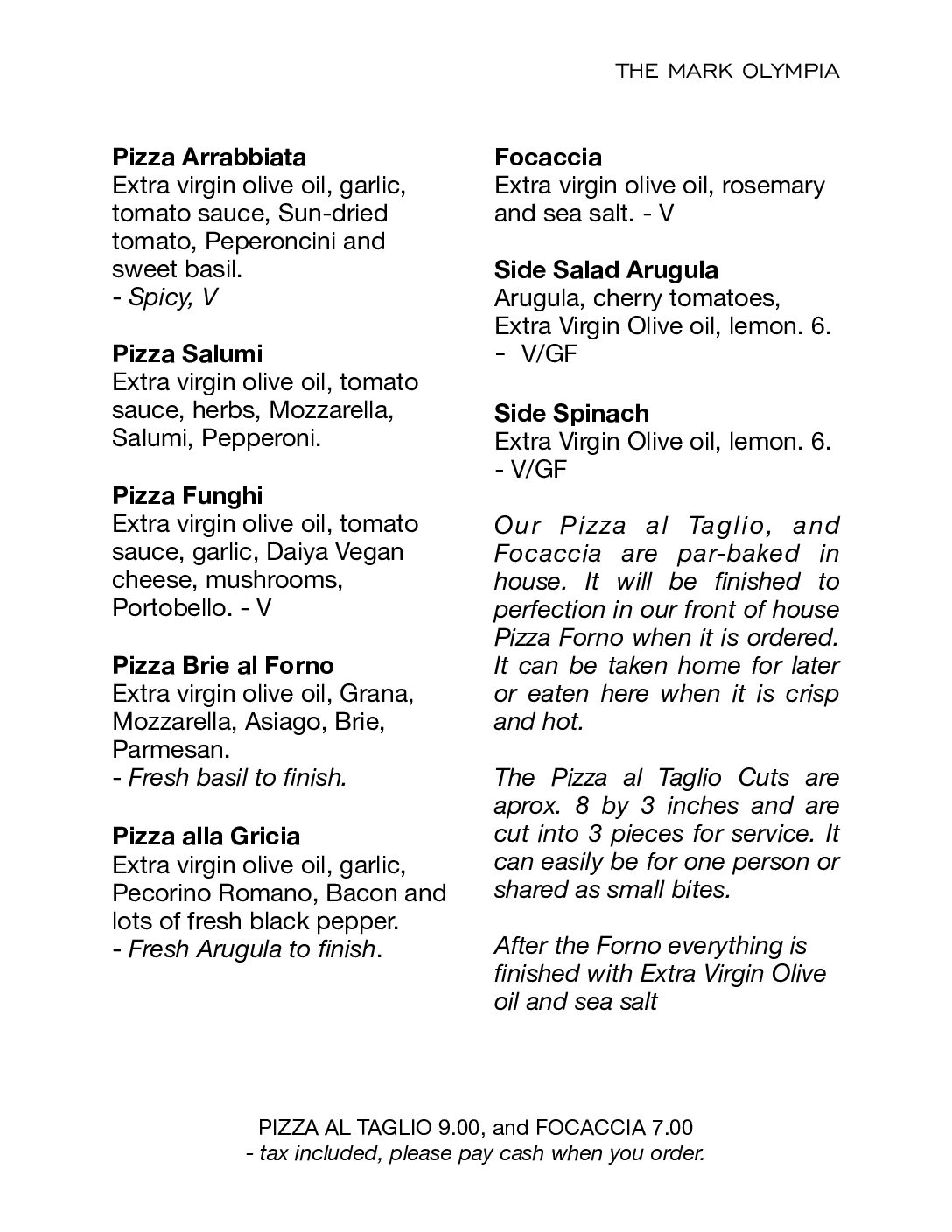 Olympia shop pizza menu